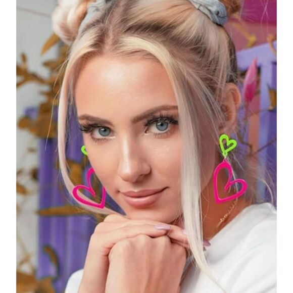 Neon Pink Open Heart Dangles from a Neon Green Open Heart - Picture 1 of 6